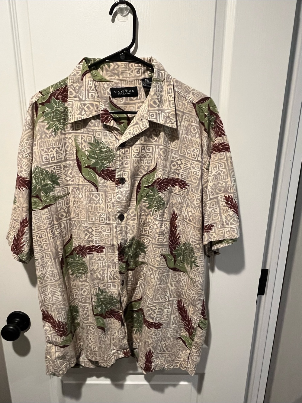 Cactus Beige Camp-Collar Shirt with Green & Brown Leaf Print